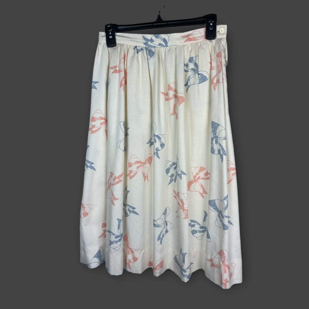 Vintage white soft rayon knee length skirt‎ novelty pink blue bow print 6 Small